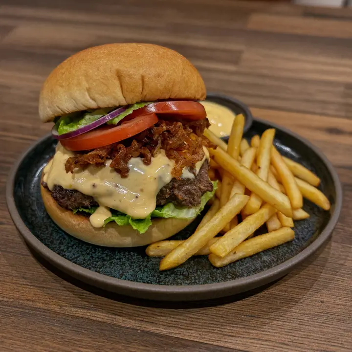 Saftiger Burger mit Cheddar, Tomate und Fritten bei Sorry Mama Köln