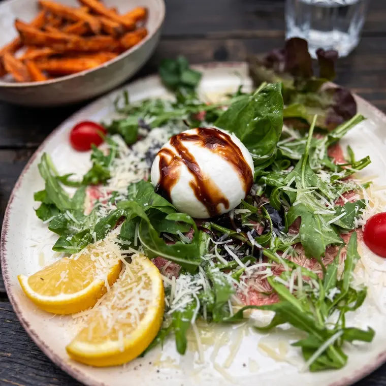 Rindercarpaccio mit Burrata, Rucola, Parmesan und Zitrone bei Sorry Mama Köln