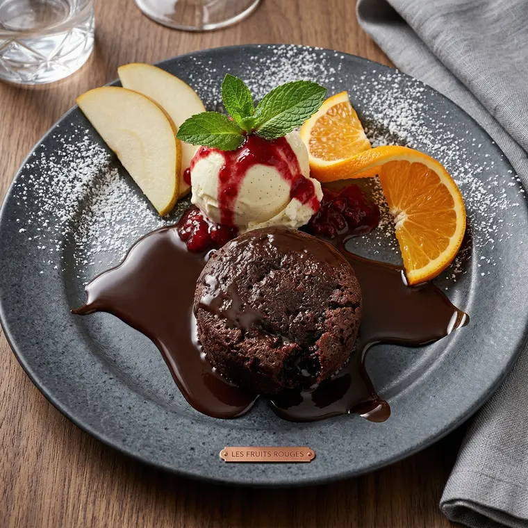 Schoko-Lavatörtchen mit Vanilleeis, Himbeersauce und Orange bei Sorry Mama Köln