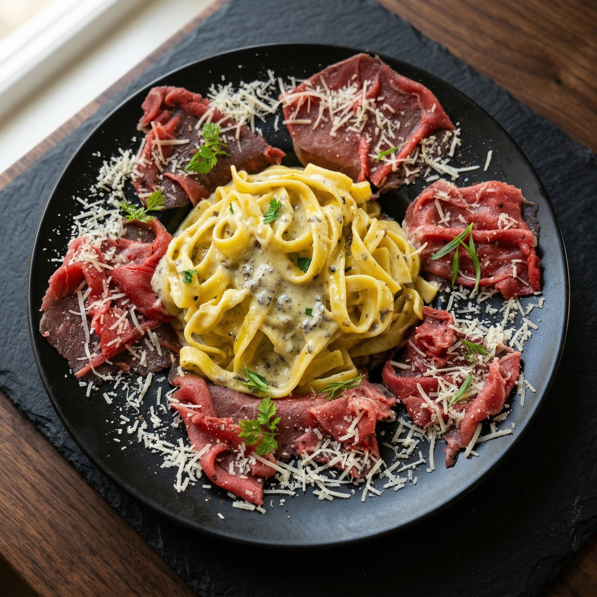Hausgemachte Pasta mit Trüffelcreme und Parmesan