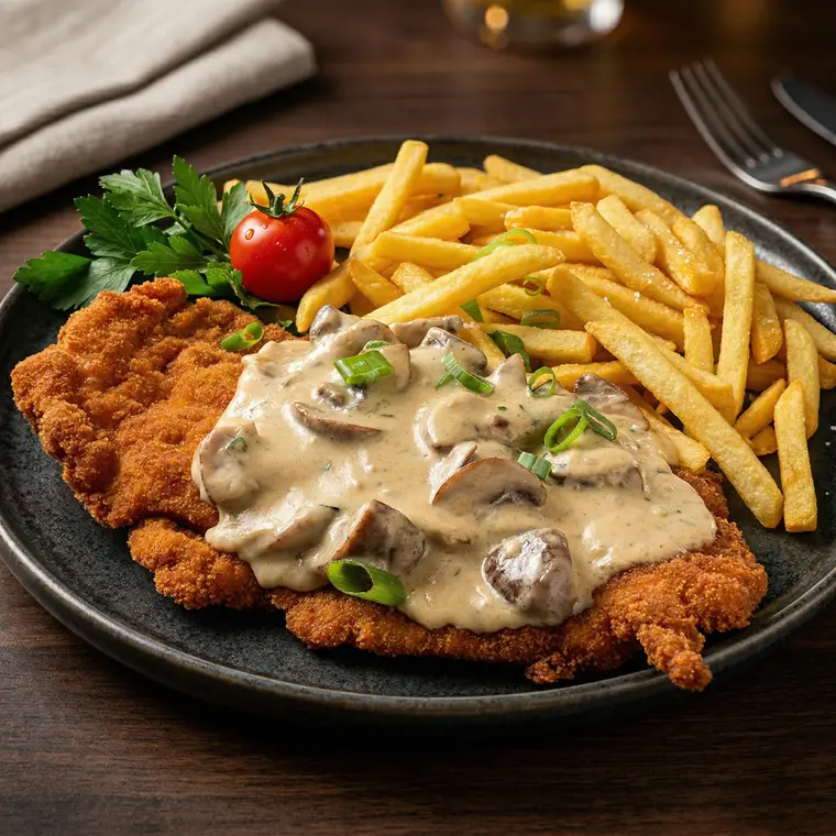 Schnitzel mit Champignonrahmsauce und frischen Fritten bei Sorry Mama Köln