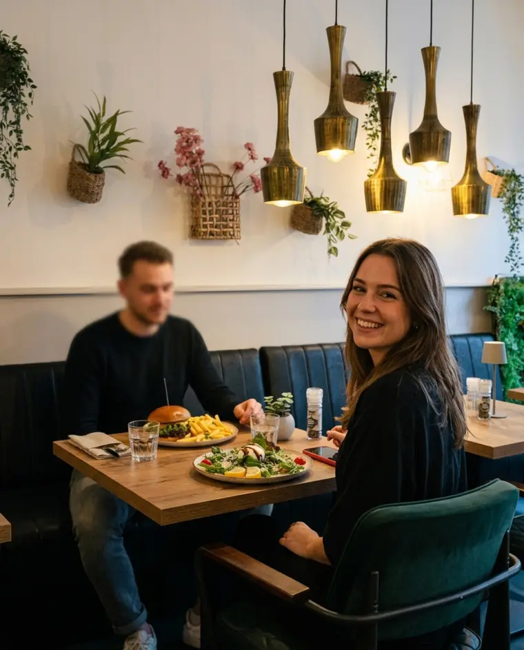 Gäste genießen Burger und Salat im Restaurant Sorry Mama in Köln