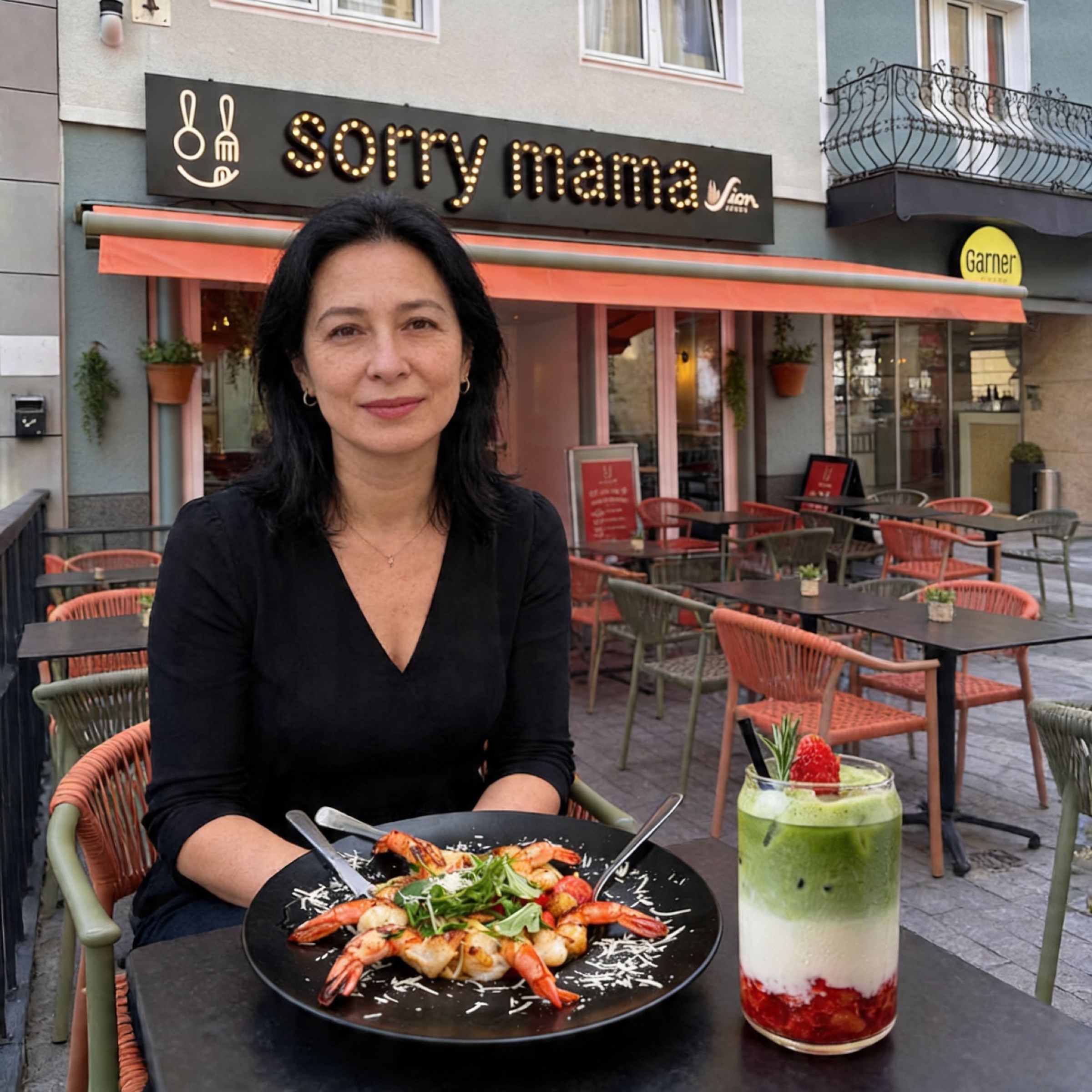 Terrasse von Sorry Mama in Köln mit servierten Gerichten