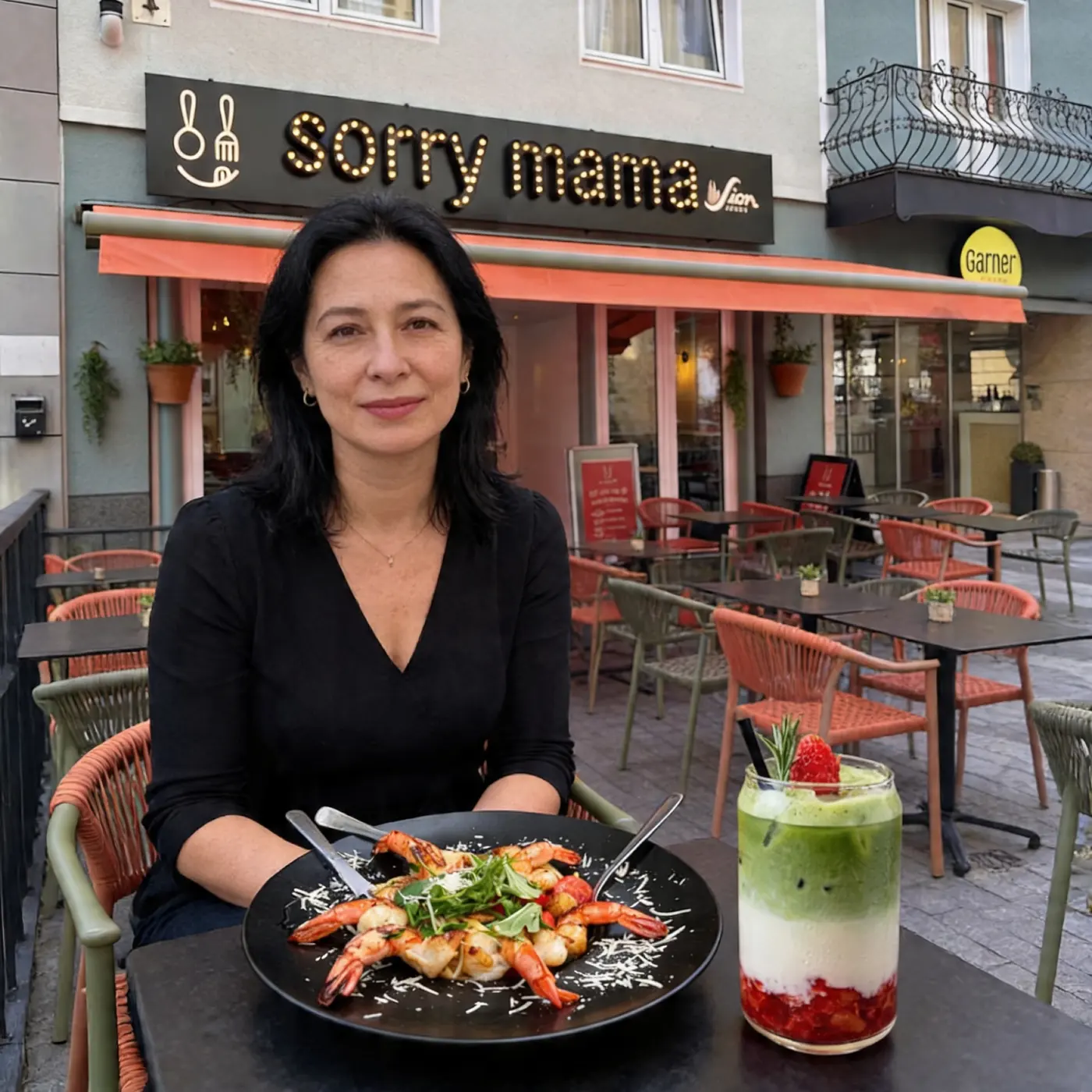 Terrasse von Sorry Mama in der Kölner Innenstadt mit serviertem Essen